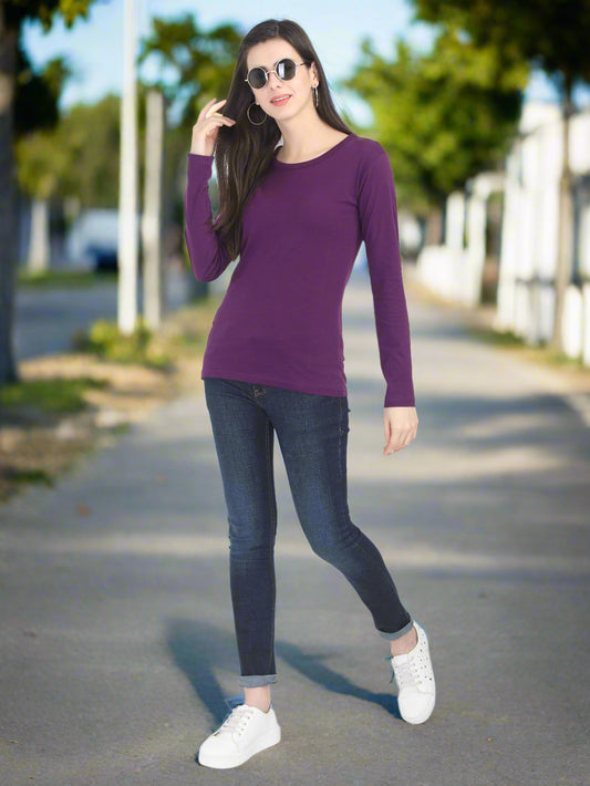 Women's Cotton Plain Round Neck Full Sleeve Purple Color T-Shirt