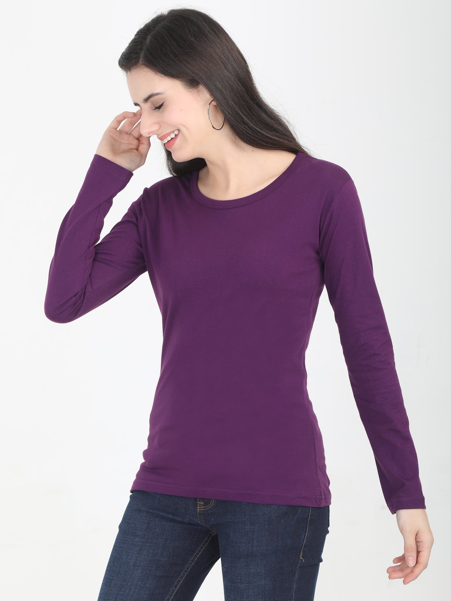 Women's Cotton Plain Round Neck Full Sleeve Purple Color T-Shirt