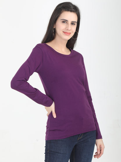 Women's Cotton Plain Round Neck Full Sleeve Purple Color T-Shirt