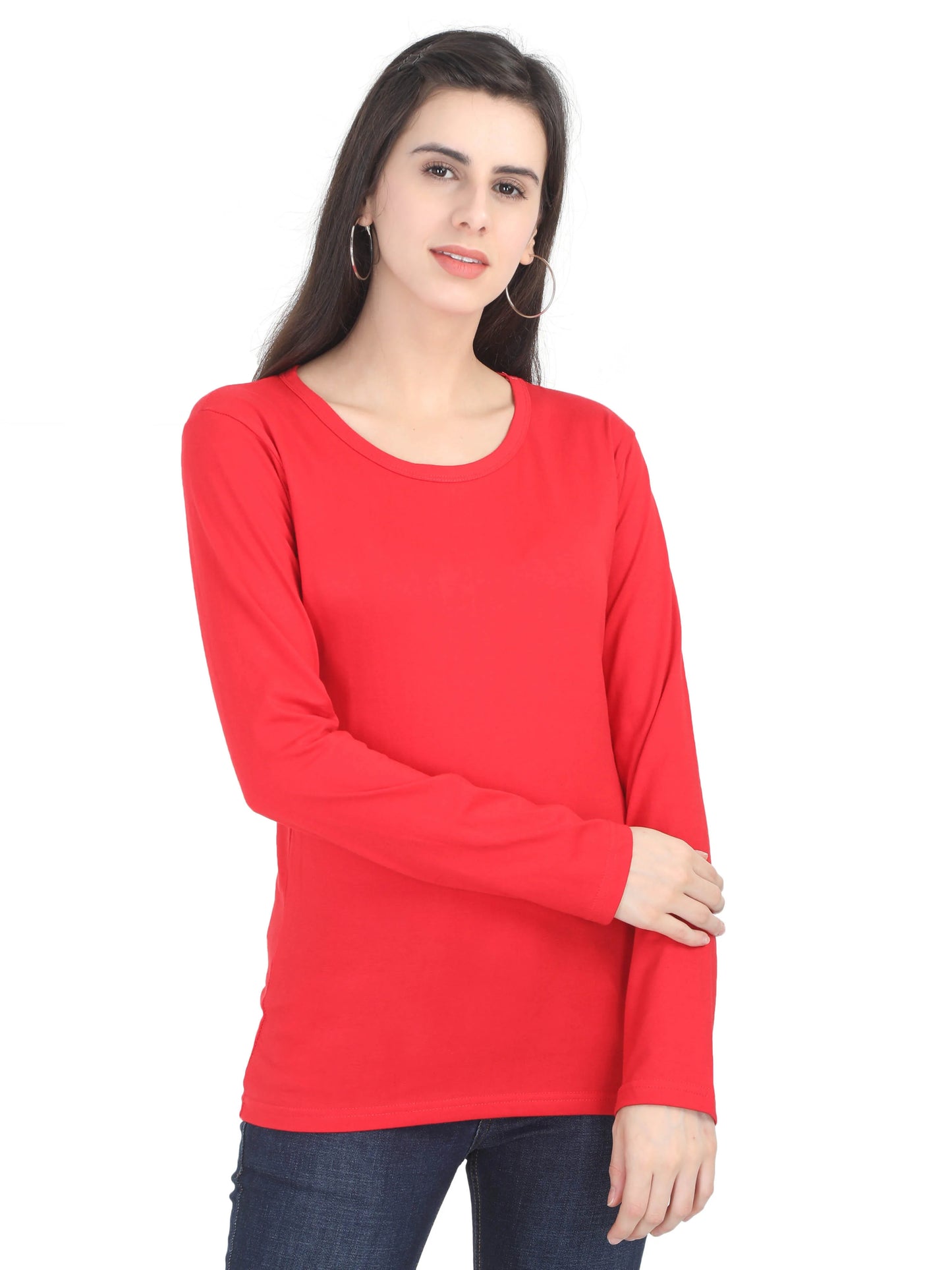 Women's Cotton Plain Round Neck Full Sleeve Red Color T-Shirt