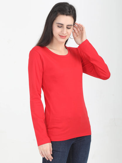 Women's Cotton Plain Round Neck Full Sleeve Red Color T-Shirt