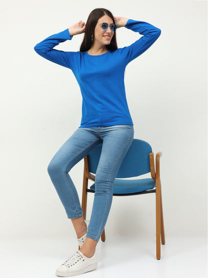 Women's Cotton Plain Round Neck Full Sleeve Royal Blue Color T-Shirt