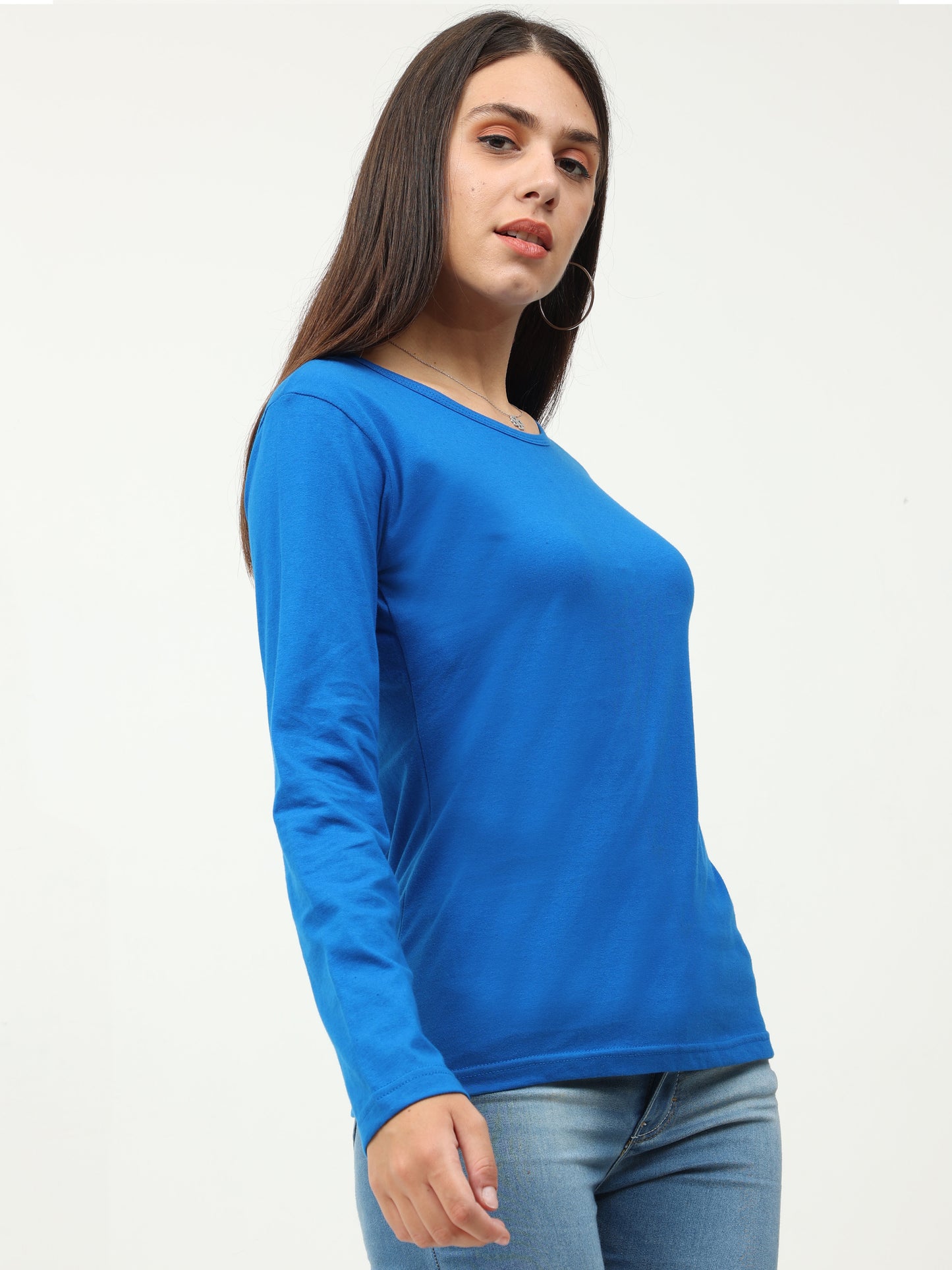 Women's Cotton Plain Round Neck Full Sleeve Royal Blue Color T-Shirt