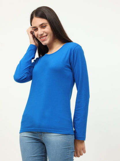 Women's Cotton Plain Round Neck Full Sleeve Royal Blue Color T-Shirt