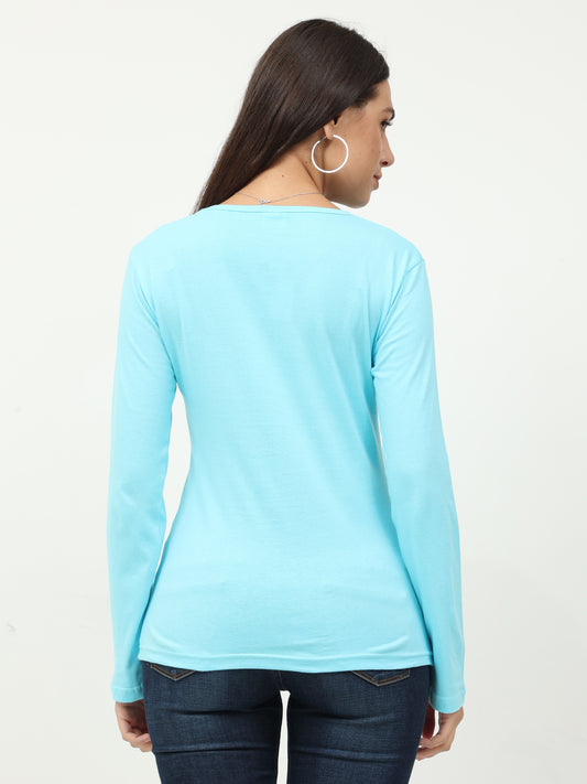 Women's Cotton Plain Round Neck Full Sleeve Sky Blue Color T-Shirt