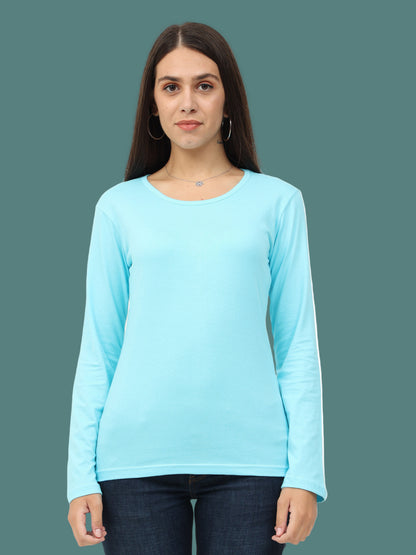 Women's Cotton Plain Round Neck Full Sleeve Sky Blue Color T-Shirt