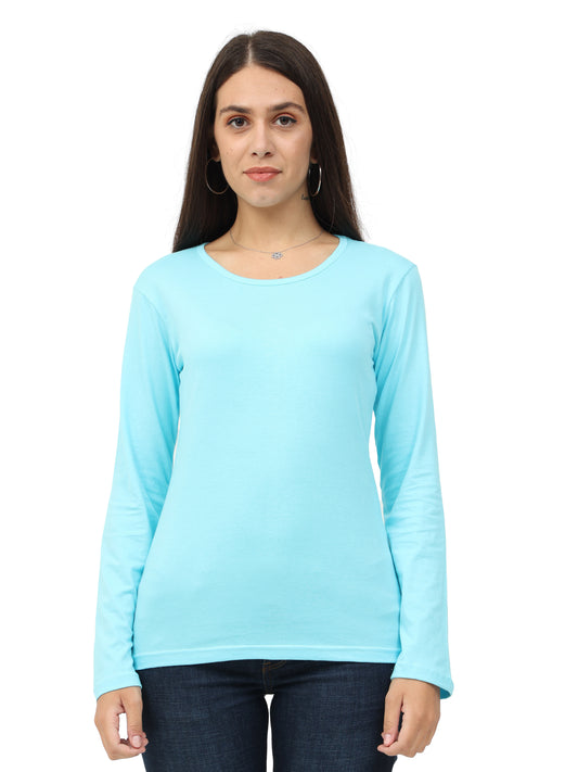 Women's Cotton Plain Round Neck Full Sleeve Sky Blue Color T-Shirt