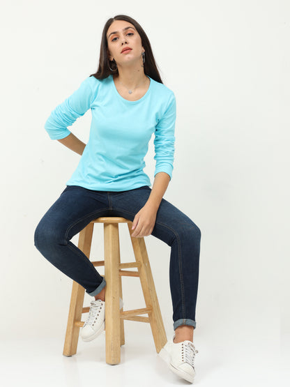 Women's Cotton Plain Round Neck Full Sleeve Sky Blue Color T-Shirt