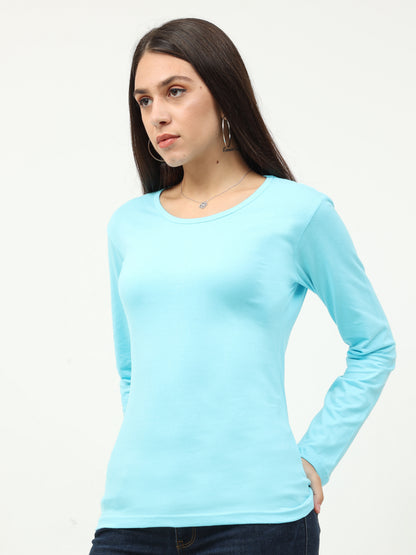 Women's Cotton Plain Round Neck Full Sleeve Sky Blue Color T-Shirt