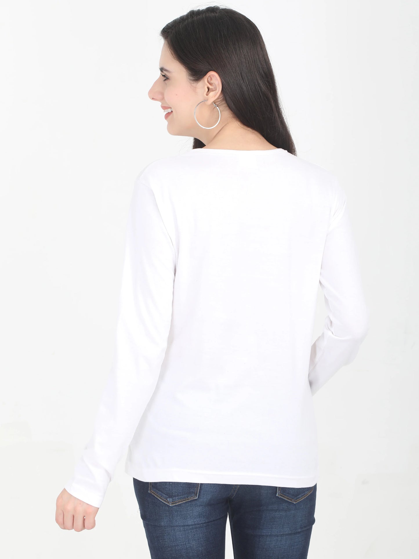 Women's Cotton Plain Round Neck Full Sleeve White Color T-Shirt