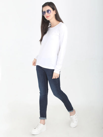 Women's Cotton Plain Round Neck Full Sleeve White Color T-Shirt