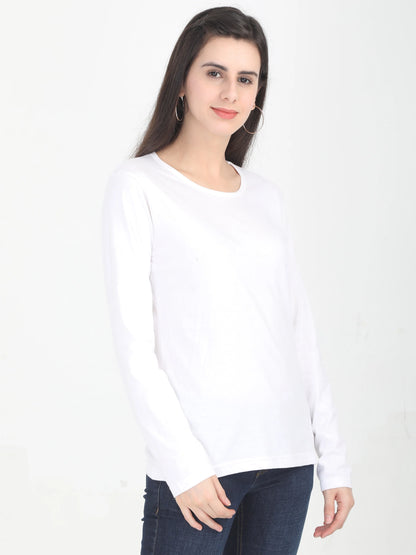 Women's Cotton Plain Round Neck Full Sleeve White Color T-Shirt