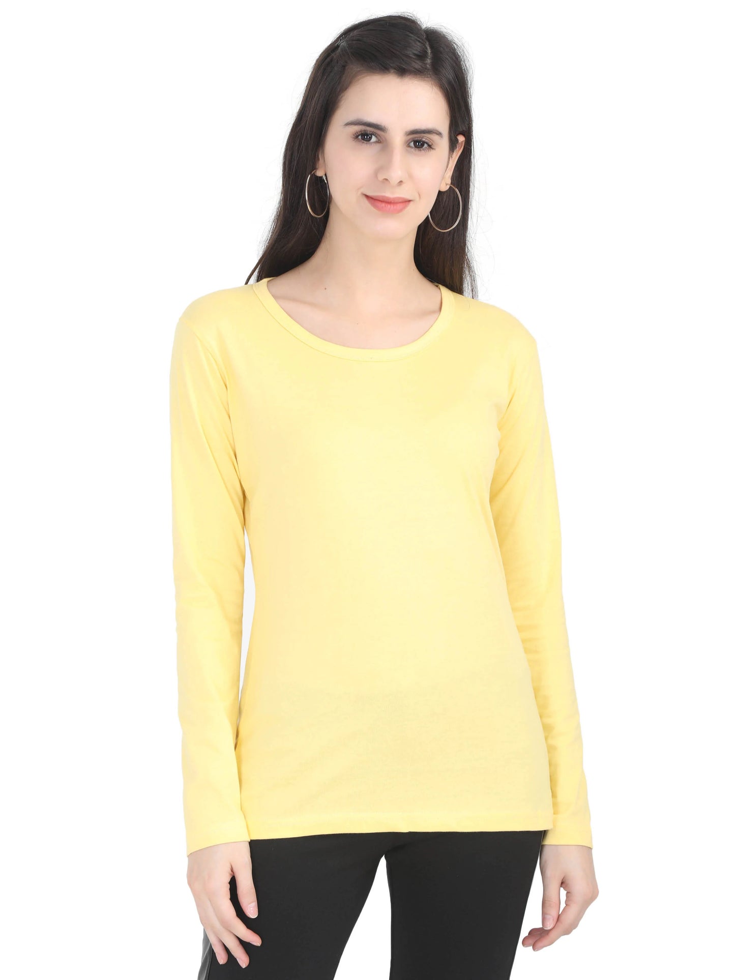 Women's Cotton Plain Round Neck Full Sleeve Yellow Color T-Shirt