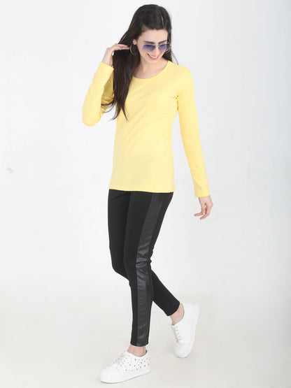 Women's Cotton Plain Round Neck Full Sleeve Yellow Color T-Shirt