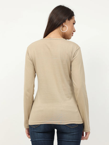 Women's Cotton Plain V Neck Full Sleeve Biscuit Color T-Shirt