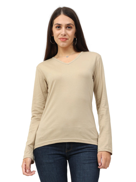 Women's Cotton Plain V Neck Full Sleeve Biscuit Color T-Shirt