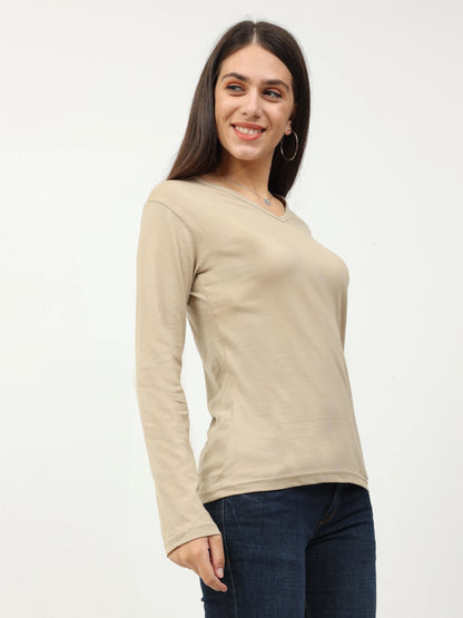 Women's Cotton Plain V Neck Full Sleeve Biscuit Color T-Shirt