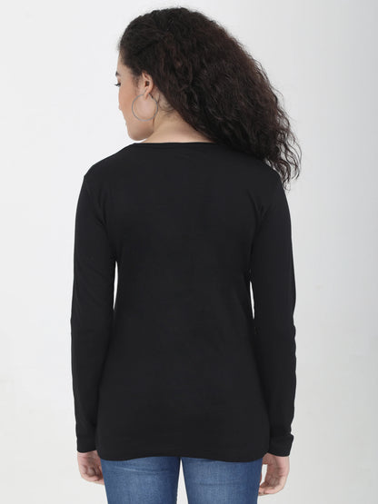 Women's Cotton Plain V Neck Full Sleeve Black Color T-Shirt