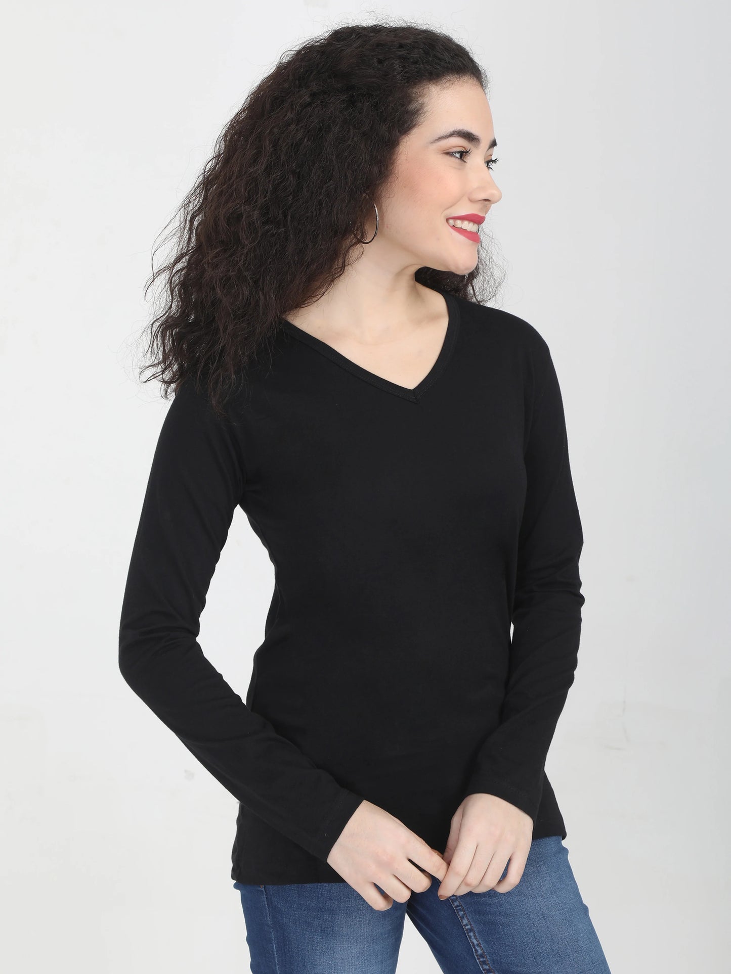 Women's Cotton Plain V Neck Full Sleeve Black Color T-Shirt
