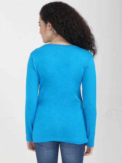Women's Cotton Plain V Neck Full Sleeve Blue Color T-Shirt