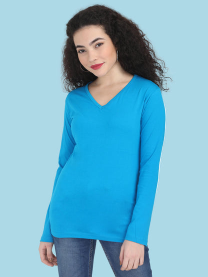 Women's Cotton Plain V Neck Full Sleeve Blue Color T-Shirt