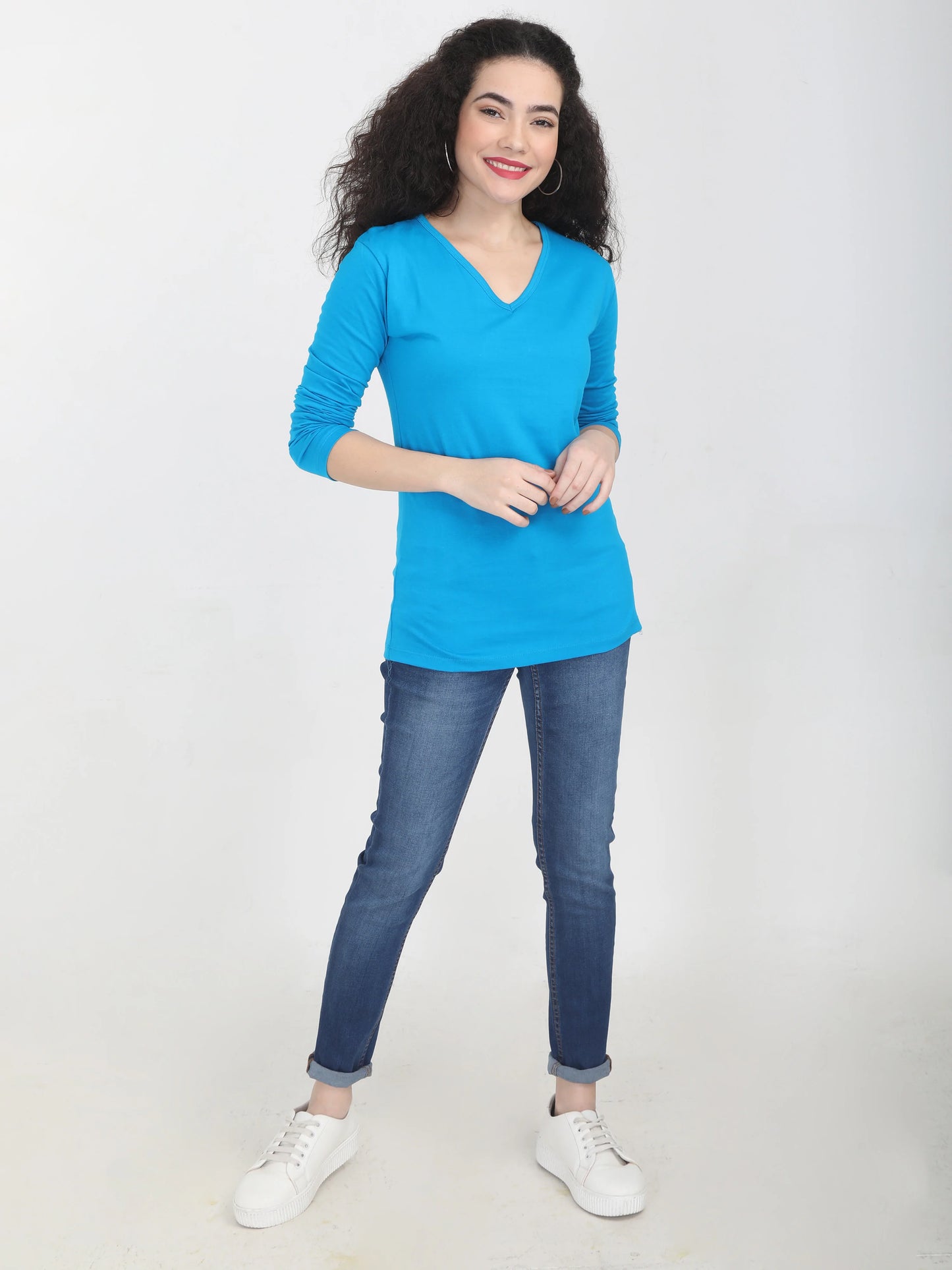 Women's Cotton Plain V Neck Full Sleeve Blue Color T-Shirt