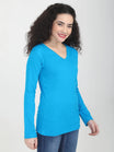 Women's Cotton Plain V Neck Full Sleeve Blue Color T-Shirt