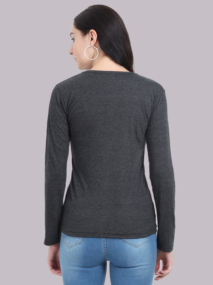 Women's Cotton Plain V Neck Full Sleeve Charcoal Melange Color T-Shirt