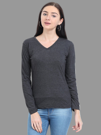 Women's Cotton Plain V Neck Full Sleeve Charcoal Melange Color T-Shirt
