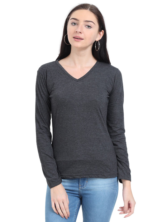 Women's Cotton Plain V Neck Full Sleeve Charcoal Melange Color T-Shirt