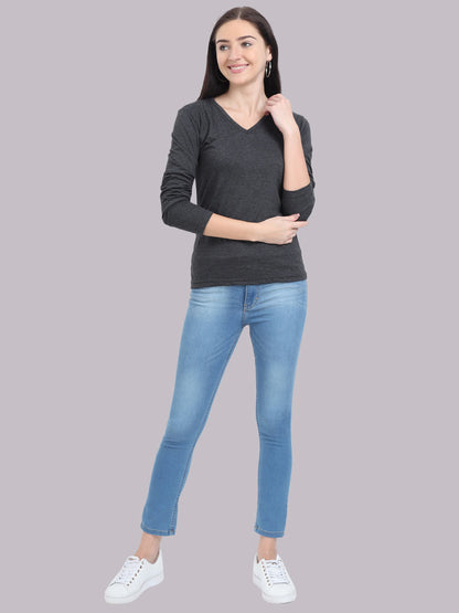Women's Cotton Plain V Neck Full Sleeve Charcoal Melange Color T-Shirt
