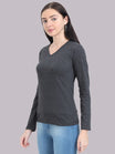Women's Cotton Plain V Neck Full Sleeve Charcoal Melange Color T-Shirt