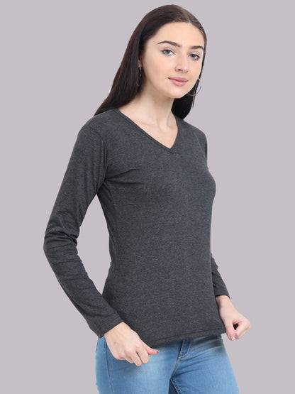 Women's Cotton Plain V Neck Full Sleeve Charcoal Melange Color T-Shirt
