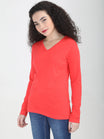 Women's Cotton Plain V Neck Full Sleeve Coral Red Color T-Shirt