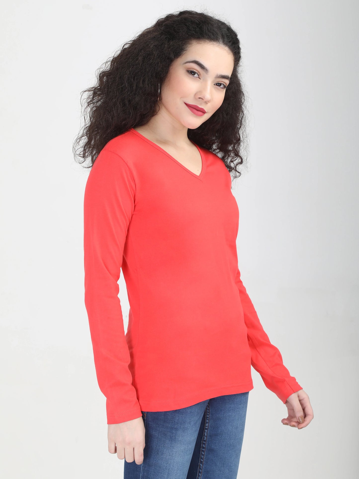Women's Cotton Plain V Neck Full Sleeve Coral Red Color T-Shirt