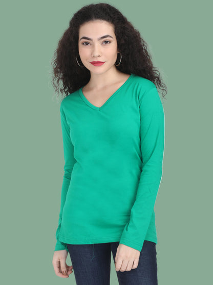 Women's Cotton Plain V Neck Full Sleeve Pakistan Green Color T-Shirt