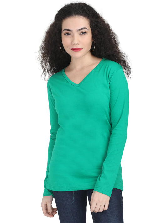 Women's Cotton Plain V Neck Full Sleeve Pakistan Green Color T-Shirt