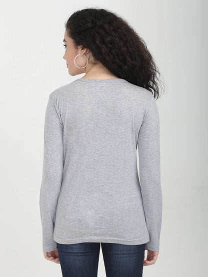 Women's Cotton Plain V Neck Full Sleeve Grey Melange Color T-Shirt