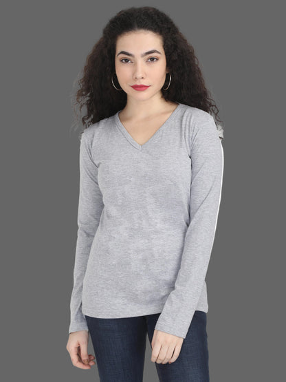 Women's Cotton Plain V Neck Full Sleeve Grey Melange Color T-Shirt