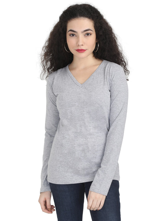 Women's Cotton Plain V Neck Full Sleeve Grey Melange Color T-Shirt