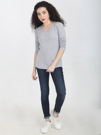 Women's Cotton Plain V Neck Full Sleeve Grey Melange Color T-Shirt