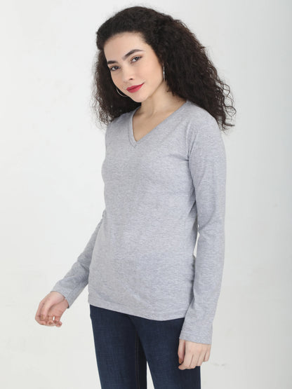 Women's Cotton Plain V Neck Full Sleeve Grey Melange Color T-Shirt