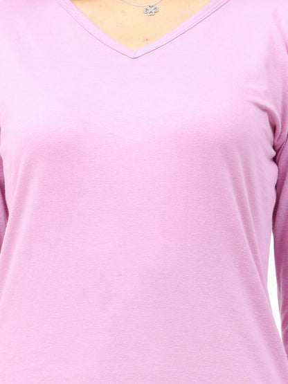 Women's Cotton Plain V Neck Full Sleeve Lavender Color T-Shirt