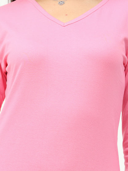 Women's Cotton Plain V Neck Full Sleeve Light Pink Color T-Shirt