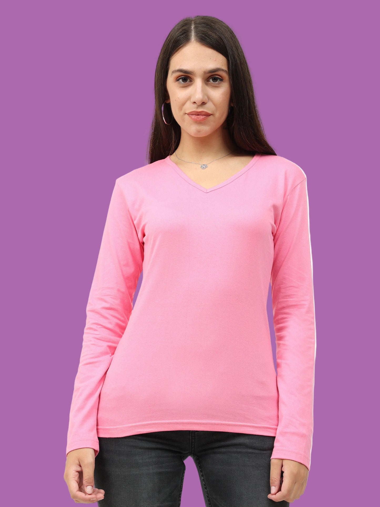 Women's Cotton Plain V Neck Full Sleeve Light Pink Color T-Shirt