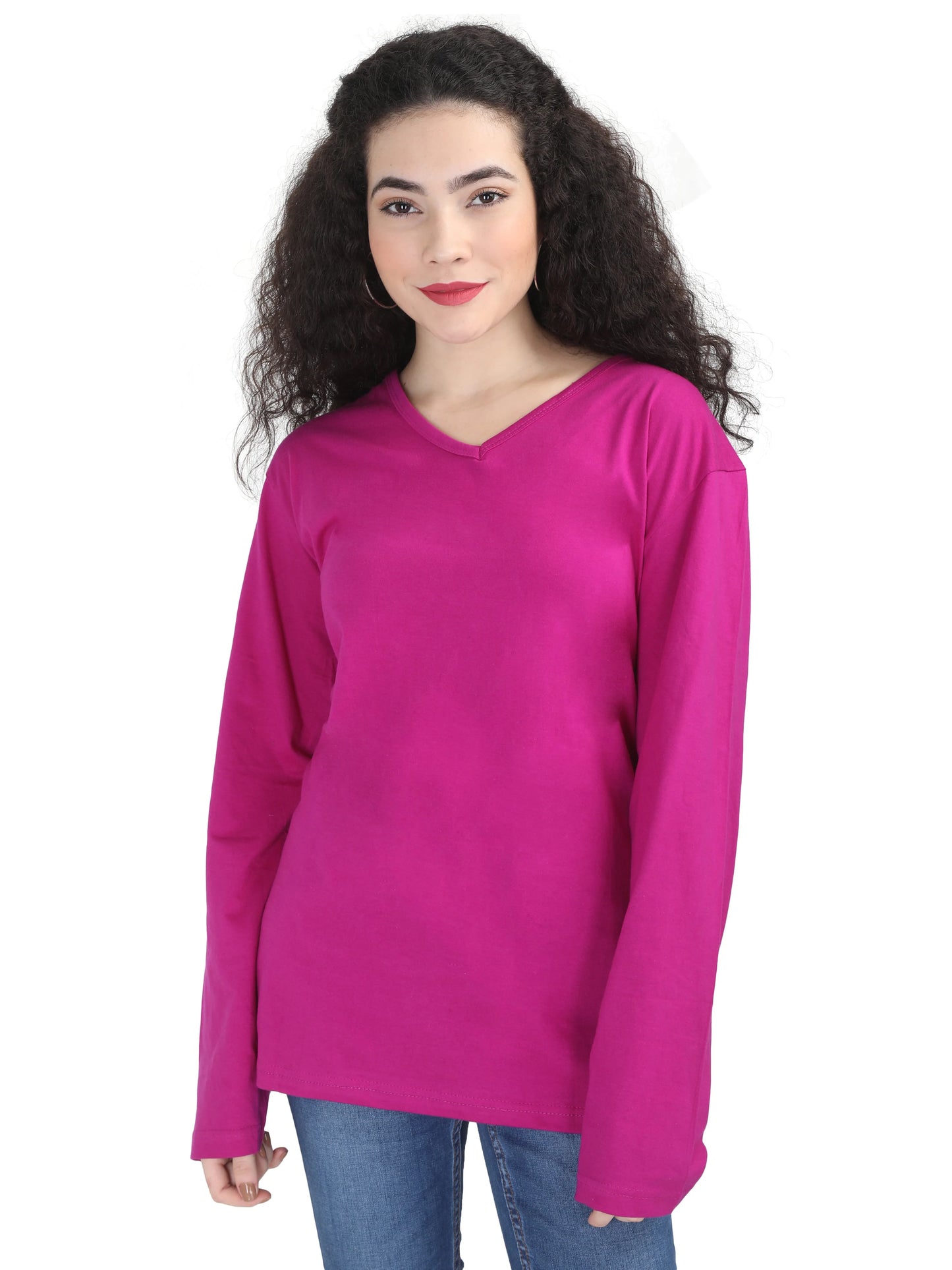 Women's Cotton Plain V Neck Full Sleeve Magenta Color T-Shirt