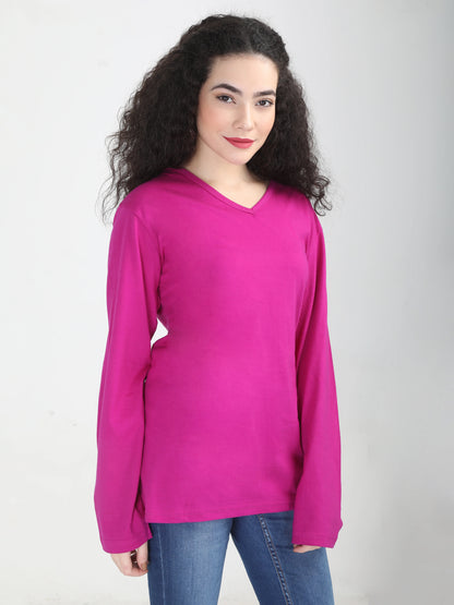 Women's Cotton Plain V Neck Full Sleeve Magenta Color T-Shirt