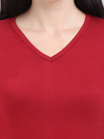 Women's Cotton Plain V Neck Full Sleeve Maroon Color T-Shirt
