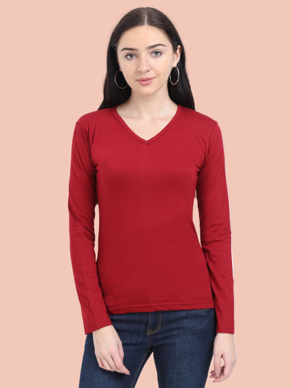 Women's Cotton Plain V Neck Full Sleeve Maroon Color T-Shirt