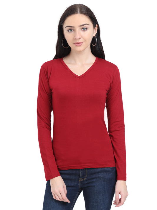 Women's Cotton Plain V Neck Full Sleeve Maroon Color T-Shirt